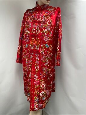 Plum Blossoms Embroidered Silk Red Floral Long Robe with Collar